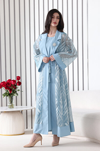 Verona Trading Company A sky-blue abaya embroidered with a sheer mesh overlay and a luxurious leaf pattern, featuring a classic collar and an adjustable waist belt.