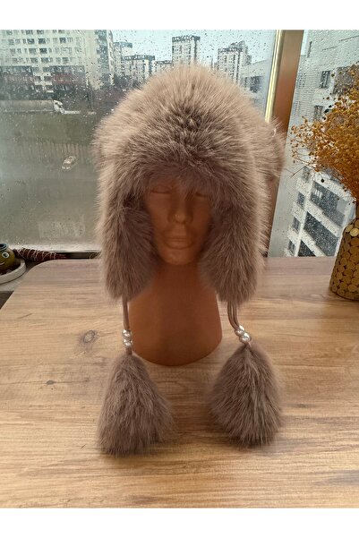 Blotch Women's Cold-Protecting Lined Beanie with Pearl Detail, Camel Plush Pompom Beanie