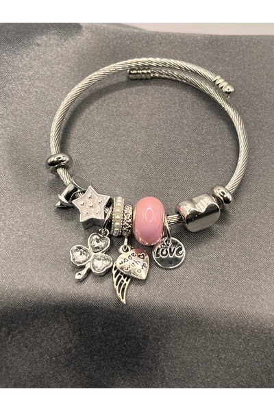 Asdomias Pembe Boncuklu, Şans Yoncası ve Aşk Temalı Çelik Charm Bileklik