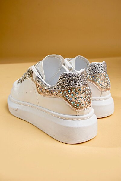 dabab shoes Elsia Women's White Sparkling Stone Detailed Thick Sole Sneaker Sports Shoes