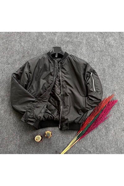 giyimadam16 Unisex Double Pocket Black Oversized Bomber Jacket College Jacket