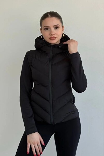 moda armanc Women's Black Hooded Thermal Puffer Coat - Zr Range Rover Mom Contrast Jacket