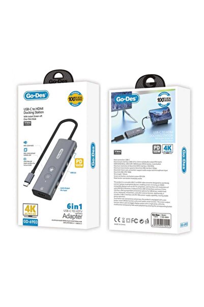 Go-Des 6-in-1 Multifunctional USB-C to HDMI Docking Station with One-Click Screen Off and Mute