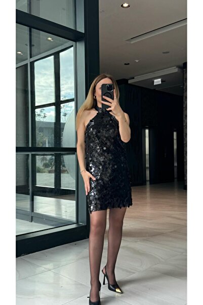 FEMİAS Siyah Pullu Payet Mini Elbise