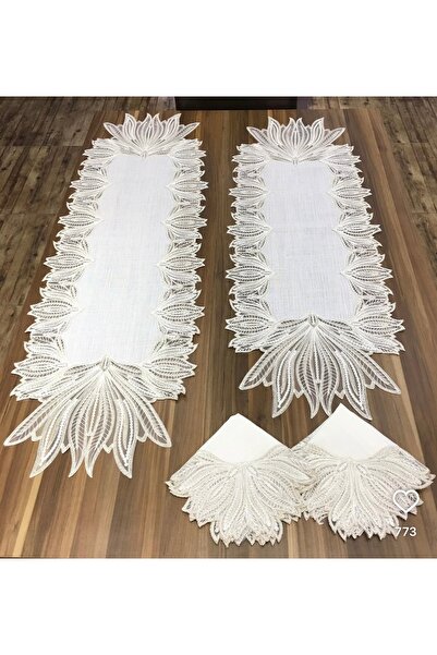 Madamca Sanja Gardenya(Linen)French Lace 5-Piece Runner Set Living Room Set Tablecloth