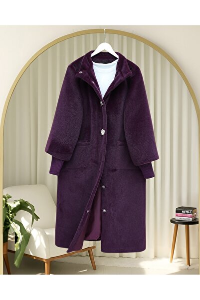 Modamorfo Coat with Ribbed Sleeves, Snap Fasteners and Lining - Plum