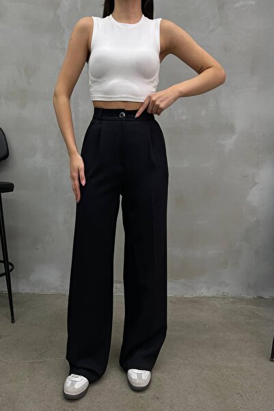 AYSHAN Black high waist wide leg pleated fabric trousers