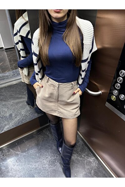 Özgece KEMERLİ BEJ KADİFE ŞORT ETEK