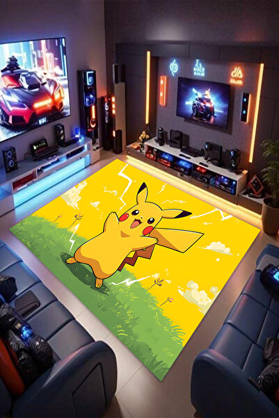 Reyhani PİKACHU Desenli Kaymaz Taban Makinede Yıkanabilir Çocuk Gamıng Halısı...