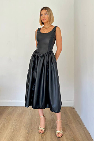 Pissos Black Leather Midi Dress – Sleeveless, Relaxed Fit, Stylish Leather Dress