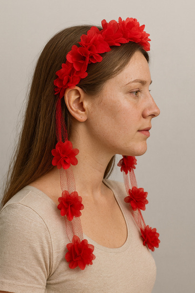 BTRENDY Kırmızı dolgun çiçek detaylı uzun şeritli taç,özel gün çocuk,nedime ş...