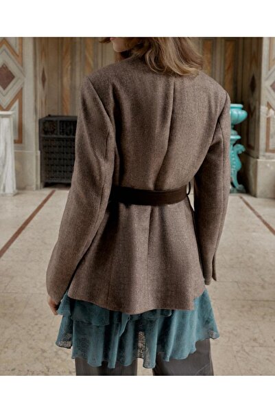 Lavanta Tekstil Belted Herringbone Double-Breasted Collar Blazer Jacket