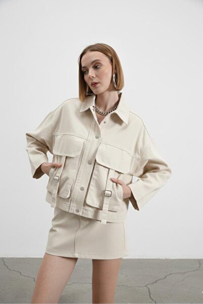 AYSHAN Bej Oversize Tokalı Kargo Cepli Crop Ceket