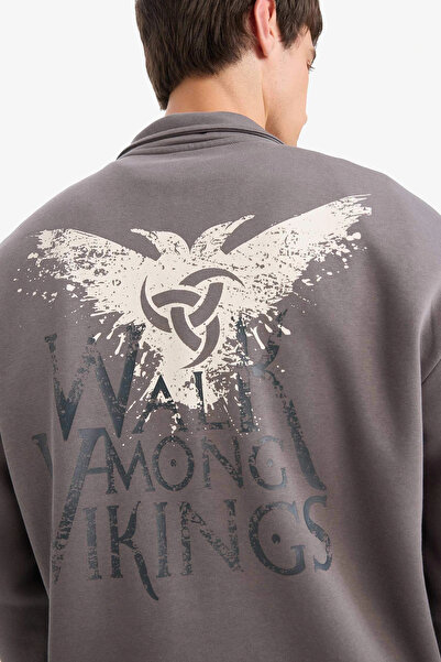 DeFacto E9324Axgr206 Gray Vikings Valhalla Boxy Fit Mock Neck Half Zipper Back Printed Sweatshirt