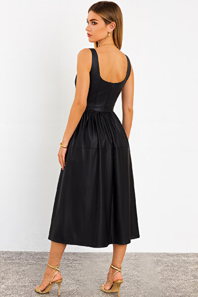 Pissos Black Leather Midi Dress – Sleeveless, Relaxed Fit, Stylish Leather Dress