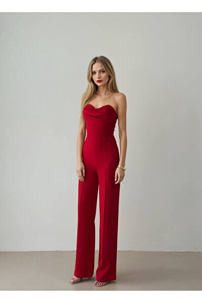 AYSHAN Kırmızı Straplez Degaje Yaka Geniş Paça Abiye Tulum