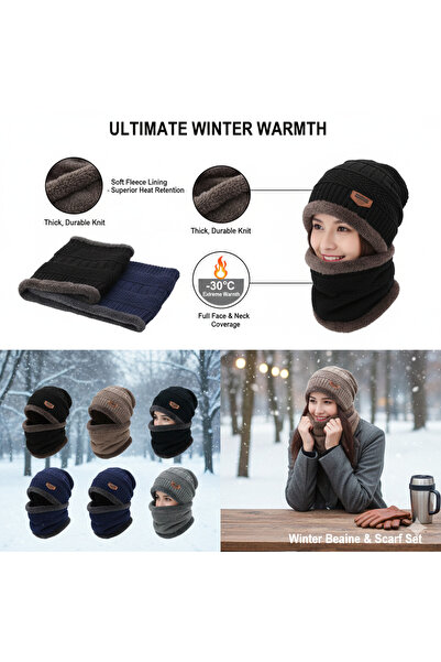 Trendora Winter Knitted Hat & Fleece Neck Warmer Set – Thick Thermal Beanie for Men & Women, Windproof Cap