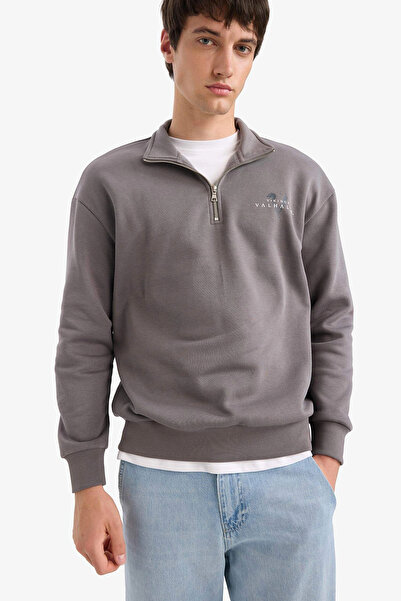 DeFacto E9324Axgr206 Gray Vikings Valhalla Boxy Fit Mock Neck Half Zipper Back Printed Sweatshirt