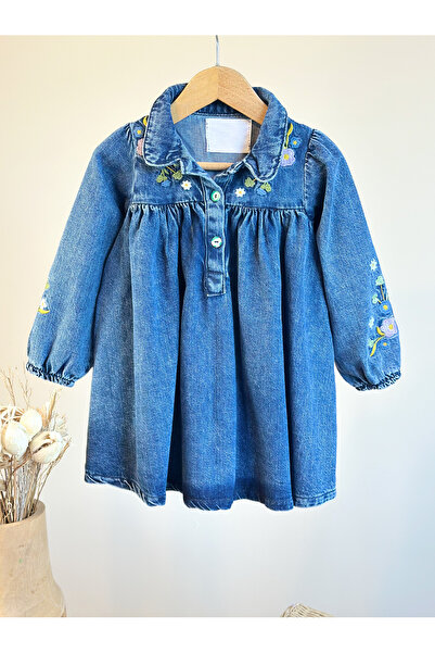 Pinkitokids Rochie din denim cu textura moale, cu detaliu de broderie florală