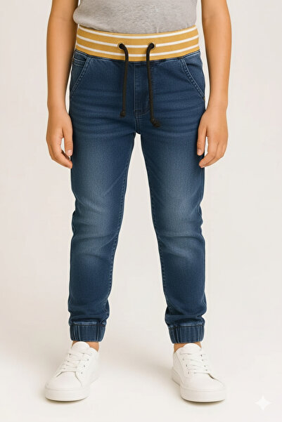 STITCH by MH "Boys’ Denim Jogger Pants with Yellow-Striped Ribbed Waistband