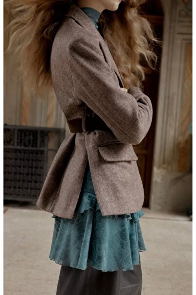 Lavanta Tekstil Belted Herringbone Double-Breasted Collar Blazer Jacket