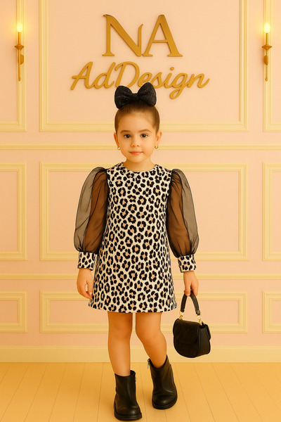 NA ADDESIGN Rochie pentru fetiță cu mâneci cu balon cu model leopard