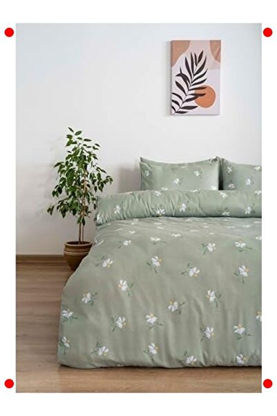 markentegra Green Daisy Patterned Double Duvet Cover Set