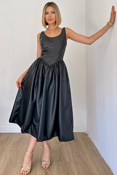 Pissos Black Leather Midi Dress – Sleeveless, Relaxed Fit, Stylish Leather Dress