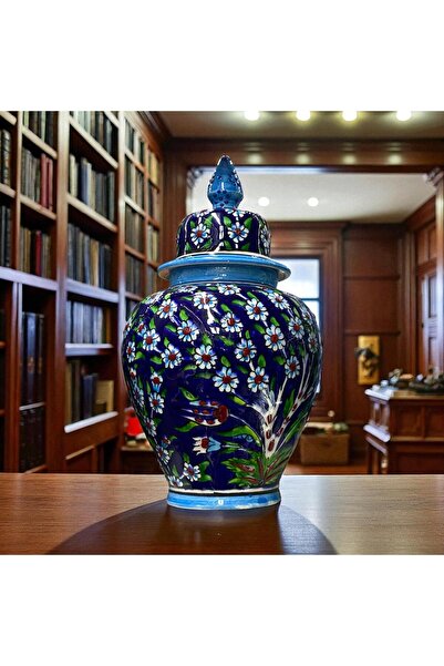 Loremp El Yapımı Hediyelik Seramik Çini Hayat Ağacı Motifli 30 cm Kapaklı Vaz...