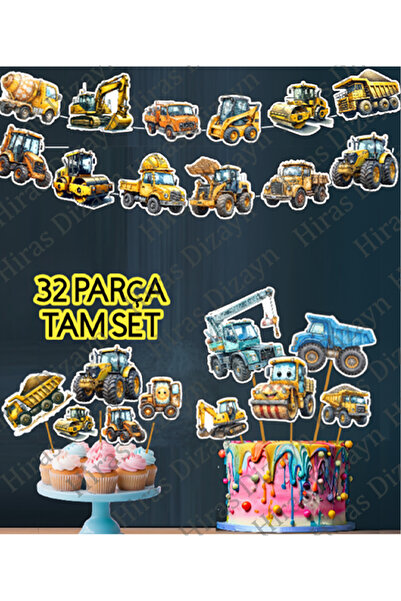 Hiras Dizayn 32 Parça İş Makinası Kepçe Kamyon Ve Diğer Araçlar Banner Pasta ...