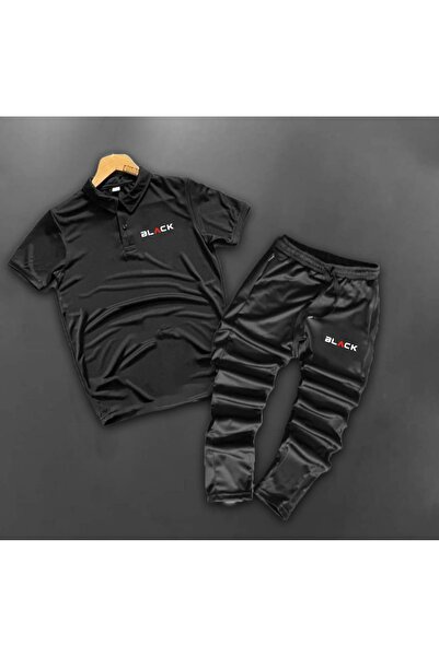 NOFLEN Polo Yaka Black Printed 2-Piece Sweatpants Set