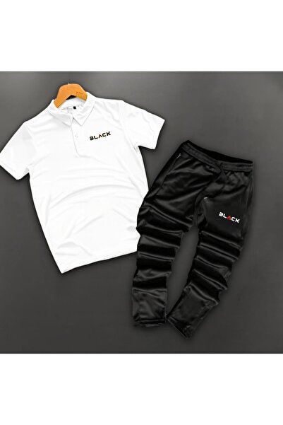 NOFLEN Polo Yaka Black Printed 2-Piece Sweatpants Set