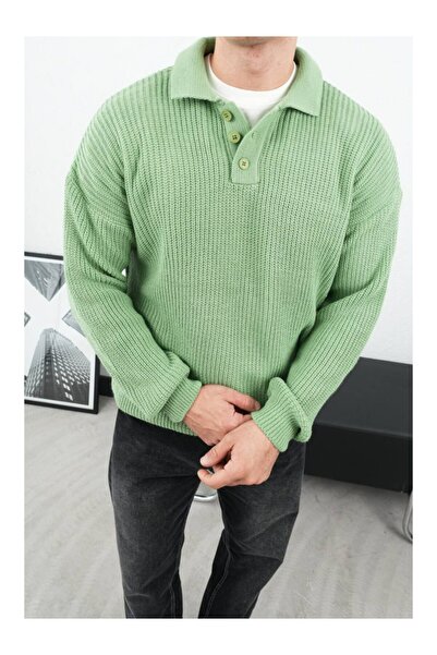 perasttesktil Men's Collared Buttoned Corded Fabric Oversized Sweater