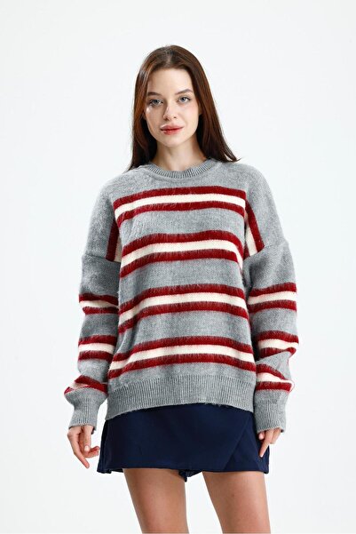 Rawanda Striped Fleece-Lined Sweater Gray
