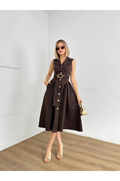 AYSHAN Kahverengi Vintage Stil Kloş Kesim Uzun Kot Elbise