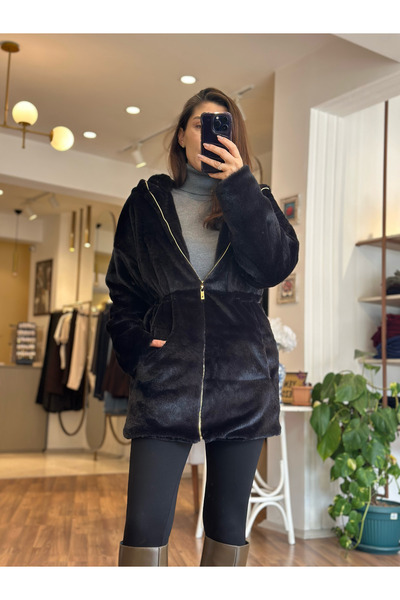 Unique Boutique Siyah Kapşonlu Beli Lastikli Peluş Mont