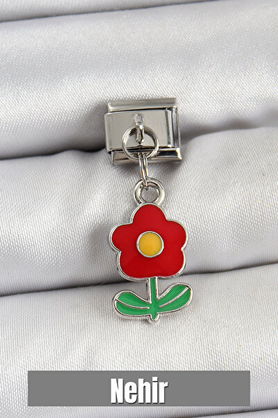 Nehir 316L Steel Dangle Red Daisy Model Silver Color Nomination Charm Valenti...