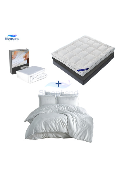 SLEEPLAND Hotel-style mattress pad set, 14 cm high, with mattress protector and hotel-style bedspread, white color.