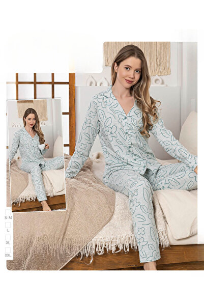 İpek Women's Long Sleeve Front Button Floral Pattern Pajama Set