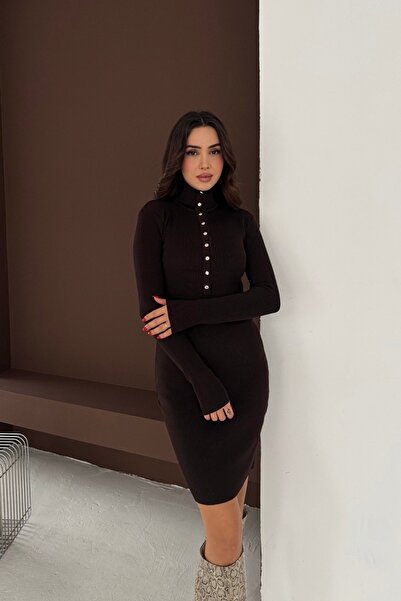 Noi Belis Premium Yarn Mini Size D Mock Neck Half Placket Button Knitwear Dress Aw25El0026