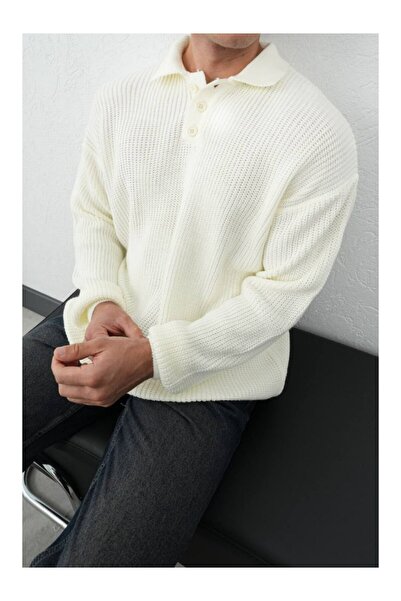 perasttesktil Men's Collared Buttoned Corded Fabric Oversized Sweater