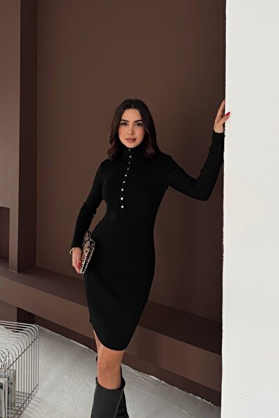 Noi Belis Premium Yarn Mini Size D Mock Neck Half Placket Button Knitwear Dress Aw25El0026