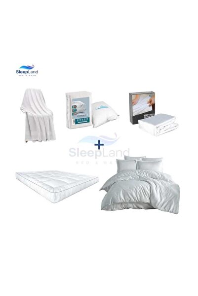 SLEEPLAND Hotel-style mattress topper set (14 cm high) with mattress protector, pillow protector set, cotton towel, and white hotel-style bedspread.