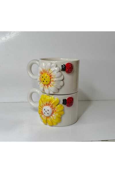Dİ TAZZA Handmade Set of 2 Ceramic Embossed Daisy & Ladybug Espresso Coffee Cups Mug 200ml