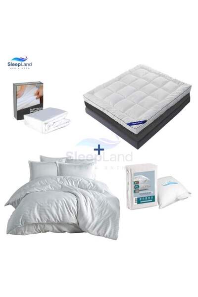 SLEEPLAND Hotel-style mattress topper set, 14 cm high, with mattress protector, pillow protector set, and white hotel-style bedspread.