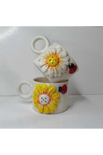 Dİ TAZZA Handmade Set of 2 Ceramic Embossed Daisy & Ladybug Espresso Coffee Cups Mug 200ml