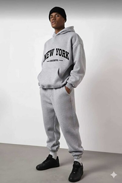 WOODROFFE New York Printed Unisex Bottom Top Black Men's Tracksuit Set Oversized Hooded