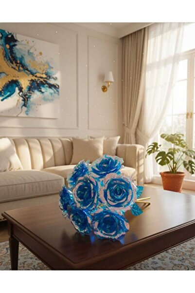 ENRUFLORA Yapay 5'li Mavi Sonsuzluk Gülü Ev Salon Balkon Bahçe Dekor Süs Özel...
