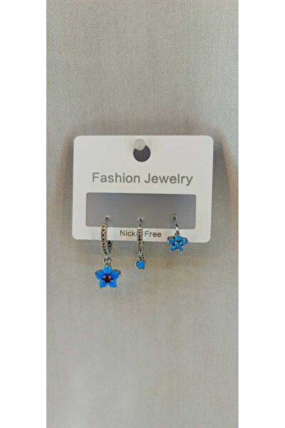 Poyi Aksesuar أقراط فولاذية مزينة بالزهور الزرقاء