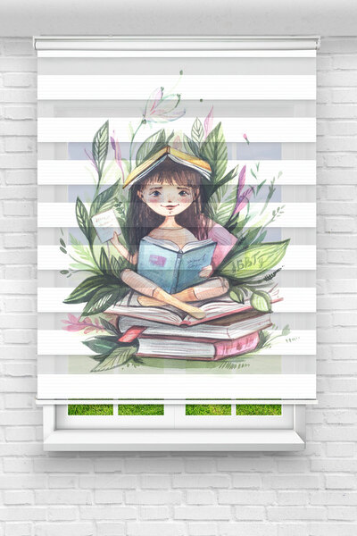 Perdecizade (ENXBOY)KİTAP OKUYAN KIZ DİJİTAL BASKILI ZEBRA PERDE-COCUK ODASI-...